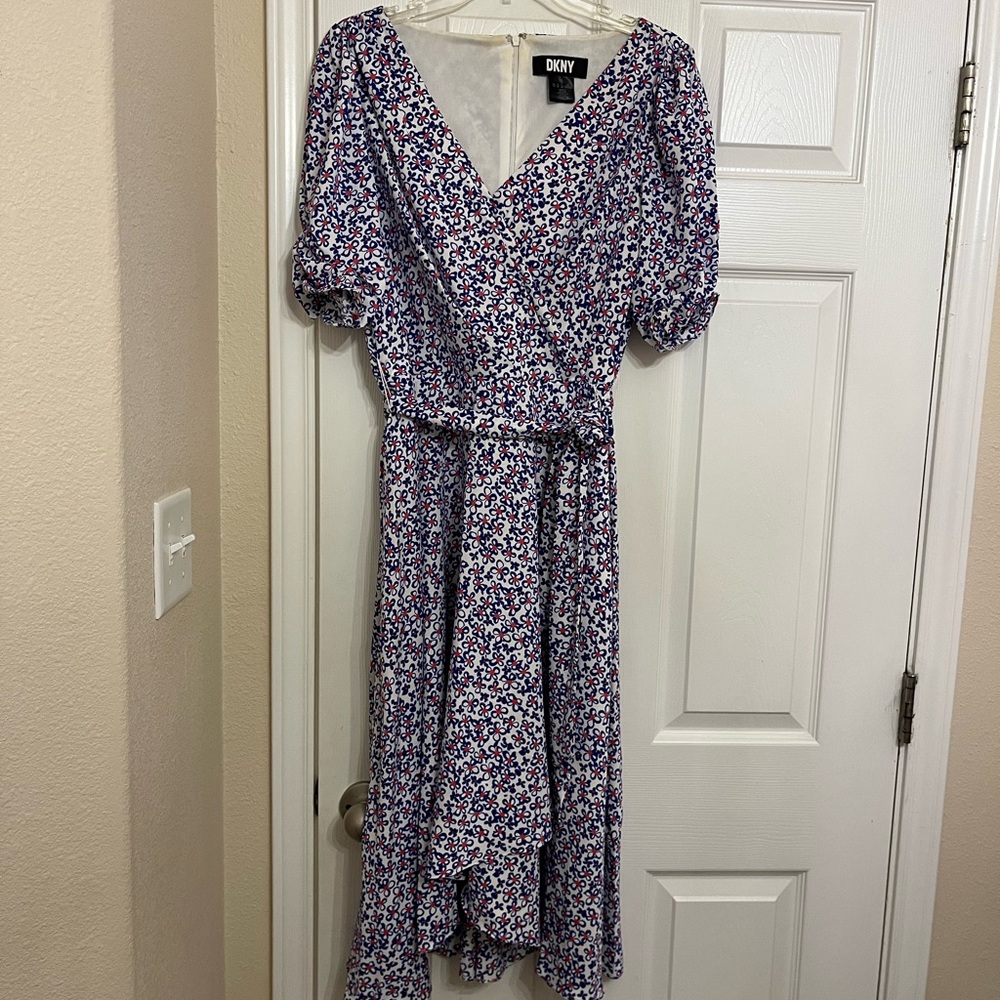DKNY Purple and White Asymmetrical Wrap Sundress
